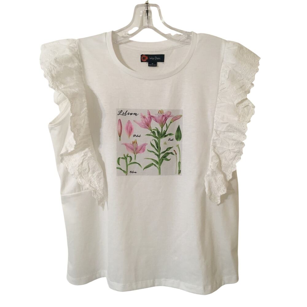 Indigo Poppy, Medium, White Blouse Pink Lillies And Cap Eyelet Sleeves